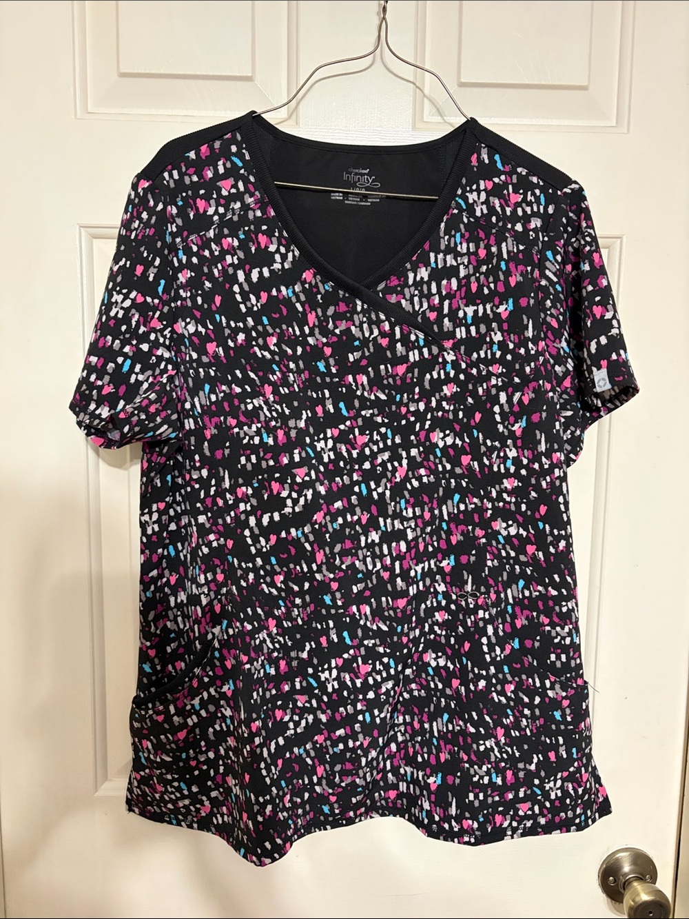 Cherokee Black Printed Short Sleeve Scrub Top with Pink & Teal Accents